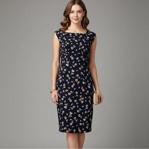 Bentley Vintage 90’s Navy Blue Floral Pattern Sheath Sleeveless Dress